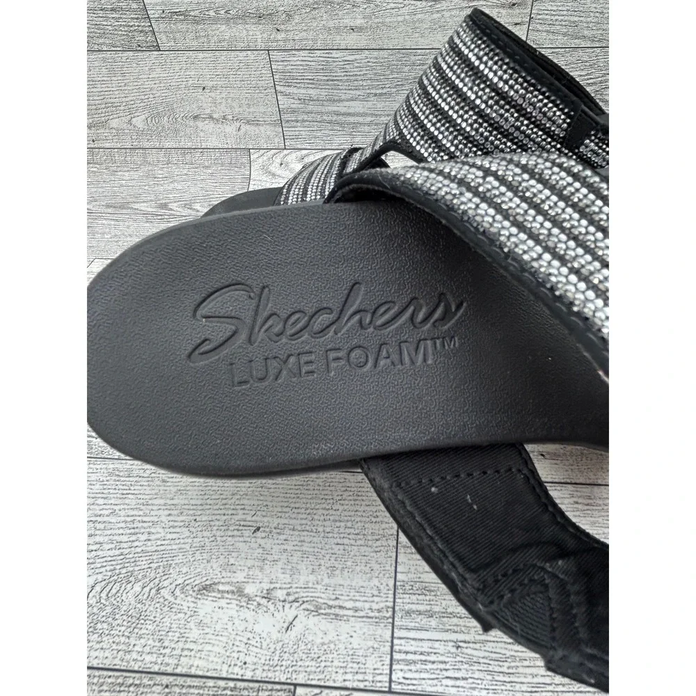 Skechers Luxe Foam Black Silver Rhinestone Wedge Sandals 119001 BKSL Women Sz 10